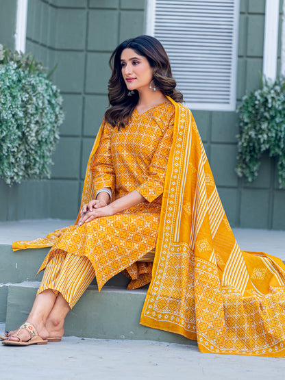 Cotton Blend Embroidered Kurti-Pant-Dupatta Set