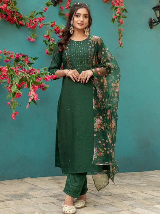 Premium Silk Kurti-Pant-Dupatta Set with Handwork