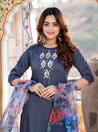 Premium Silk Kurti-Pant-Dupatta Set with Handwork
