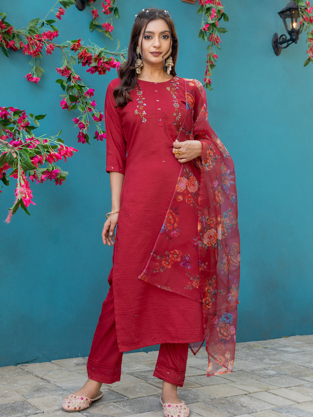Premium Silk Kurti-Pant-Dupatta Set with Handwork