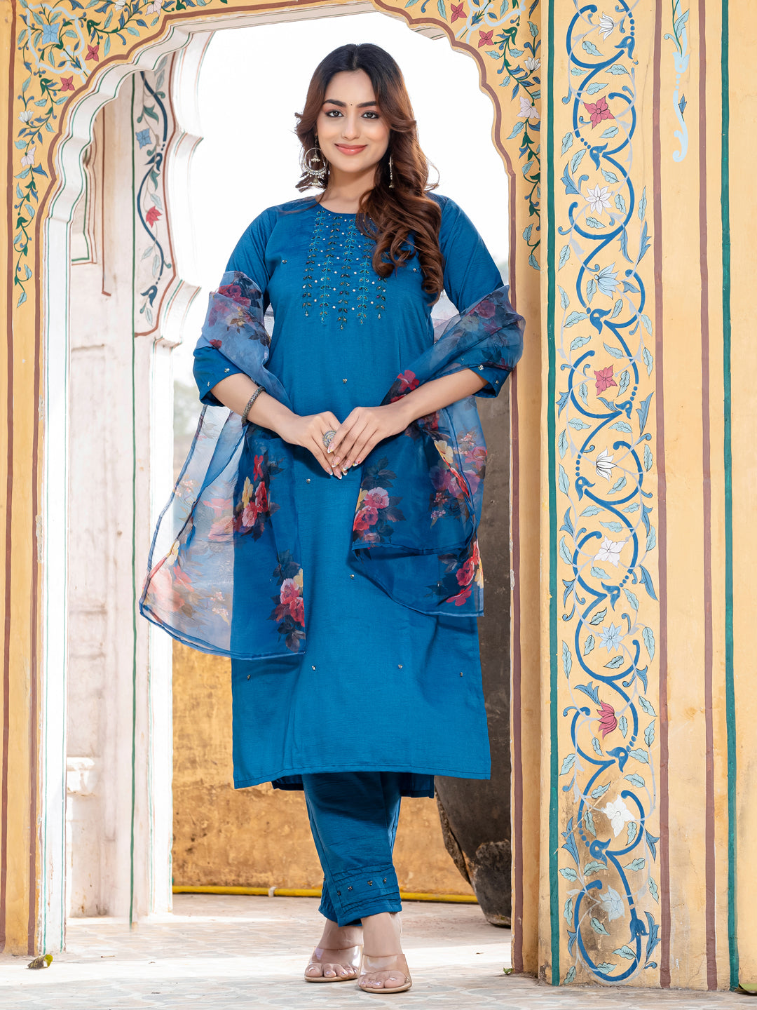 Premium Silk Kurti-Pant-Dupatta Set with Handwork