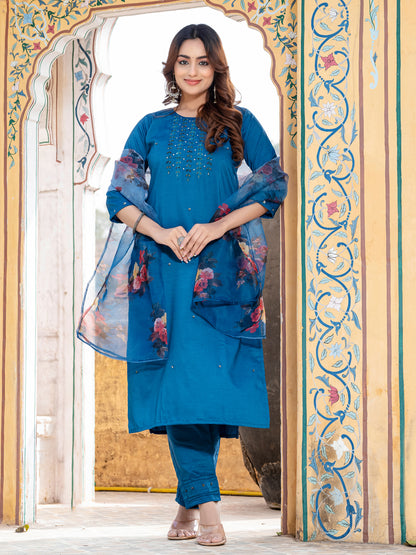 Premium Silk Kurti-Pant-Dupatta Set with Handwork
