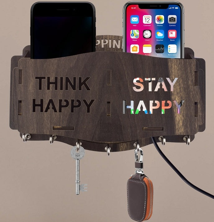 Wooden Wall Key Holder with Mobile Stand – 5 Hook MDF Organizer for Home & Office