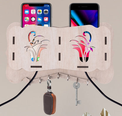 Wooden Wall Key Holder with Mobile Stand – 5 Hook MDF Organizer for Home & Office