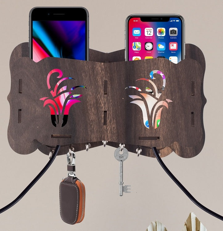 Wooden Wall Key Holder with Mobile Stand – 5 Hook MDF Organizer for Home & Office