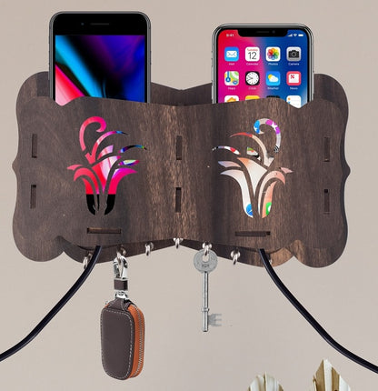 Wooden Wall Key Holder with Mobile Stand – 5 Hook MDF Organizer for Home & Office