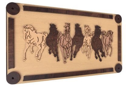 Natural 3D Wooden Wall Art – Seven Galloping Horses for Home & Office Décor