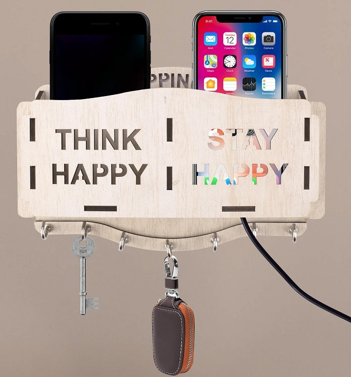Wooden Wall Key Holder with Mobile Stand – 5 Hook MDF Organizer for Home & Office