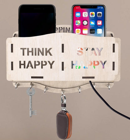 Wooden Wall Key Holder with Mobile Stand – 5 Hook MDF Organizer for Home & Office