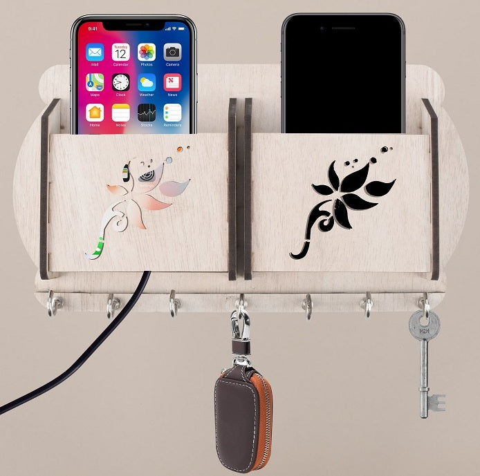 Wooden Wall Key Holder with Mobile Stand – 5 Hook MDF Organizer for Home & Office