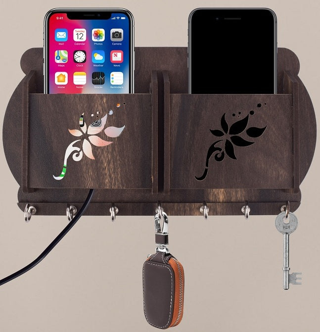 Wooden Wall Key Holder with Mobile Stand – 5 Hook MDF Organizer for Home & Office