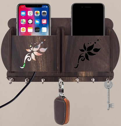 Wooden Wall Key Holder with Mobile Stand – 5 Hook MDF Organizer for Home & Office
