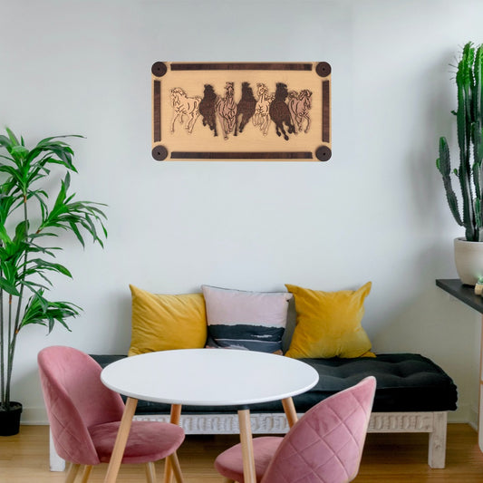 Natural 3D Wooden Wall Art – Seven Galloping Horses for Home & Office Décor