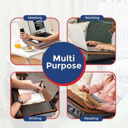 Portable Lap Laptop Desk with Pillow Cushion, Fits up to 15.6 inch Laptop, with Anti-Slip Strip & Storage Function for Home Office Students Use as Computer Laptop Stand, Book Tablet (Wooden)