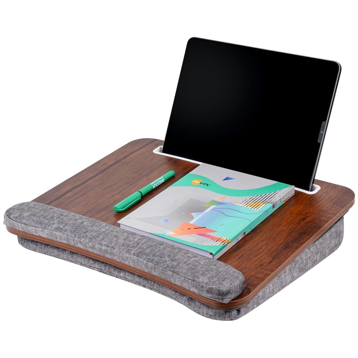 Portable Lap Laptop Desk with Pillow Cushion, Fits up to 15.6 inch Laptop, with Anti-Slip Strip & Storage Function for Home Office Students Use as Computer Laptop Stand, Book Tablet (Wooden)