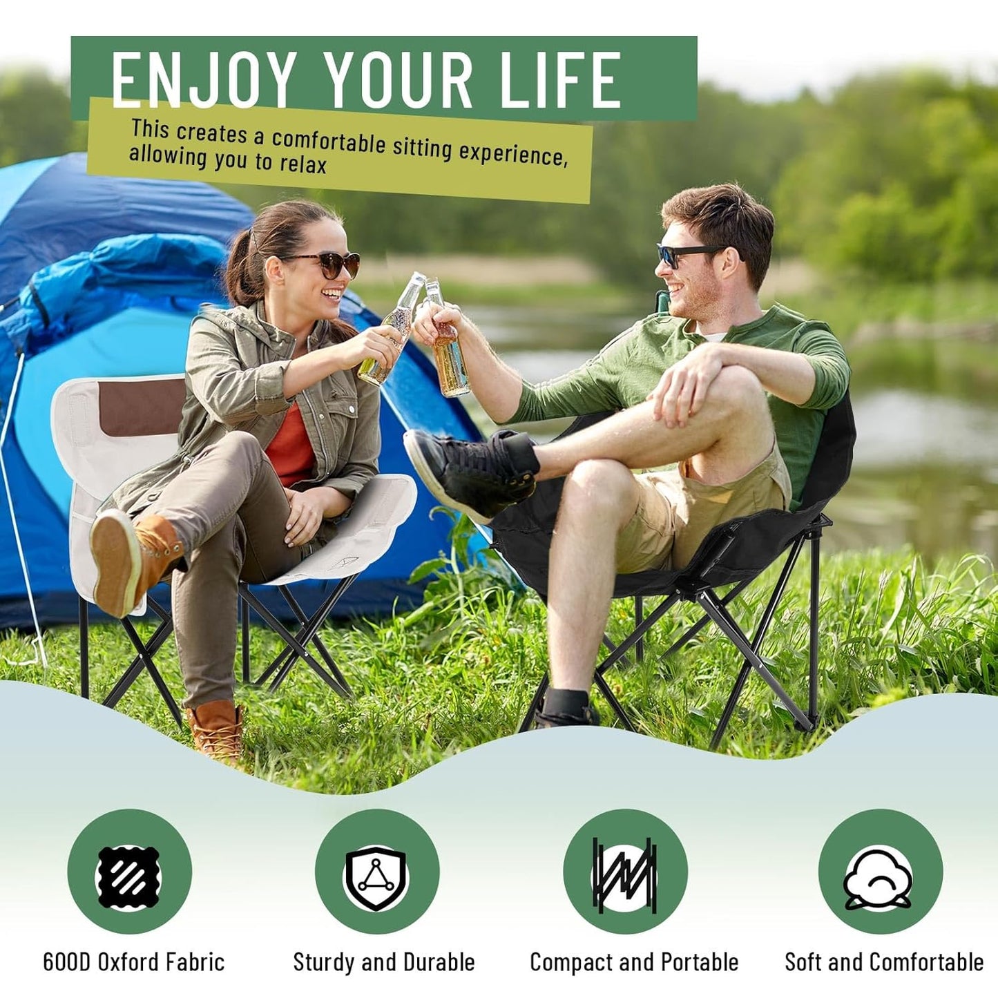 Portable Folding Camping Chair with Drink Holder & Carry Bag