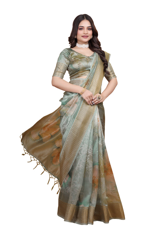 Pastel Green Soft Silk Saree with Floral Digital Print & Golden Zari Border