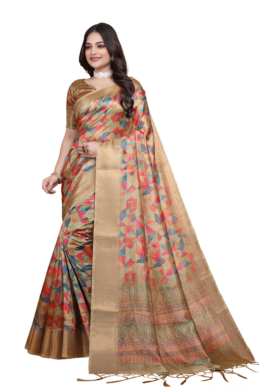 Golden Multicolor Soft Silk Saree with Geometric Weave & Ornate Pallu