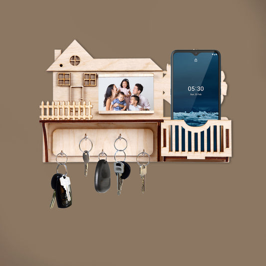 Wooden Wall Key Holder with Photo Frame & Mobile Stand