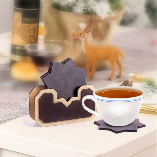 Handmade Wooden Coaster Set with Stand | Rustic Tabletop Drink Coasters