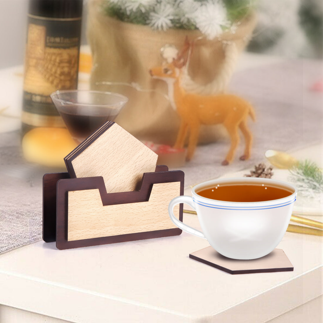 Handmade Wooden Coaster Set with Stand | Rustic Tabletop Drink Coasters