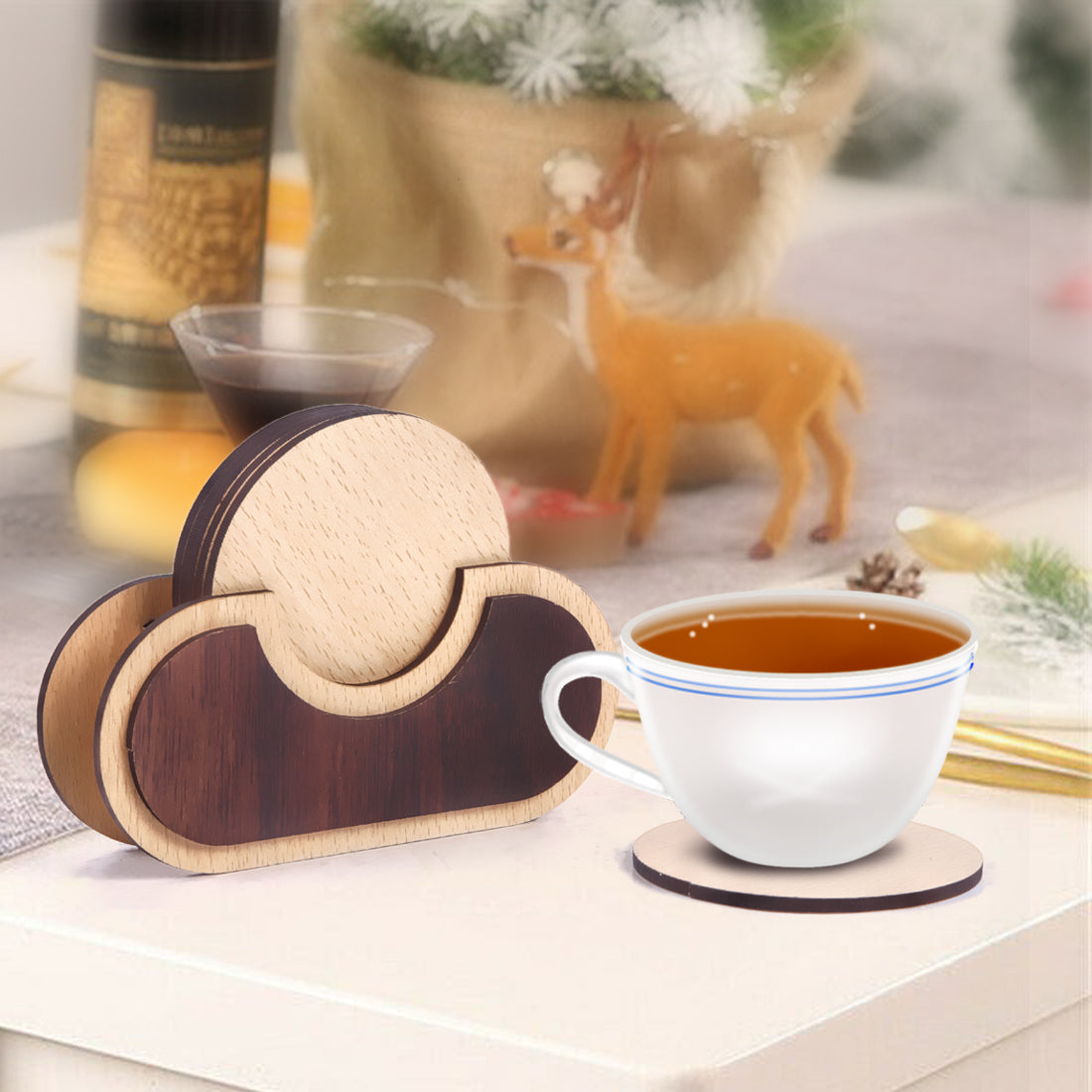 Handmade Wooden Coaster Set with Stand | Rustic Tabletop Drink Coasters