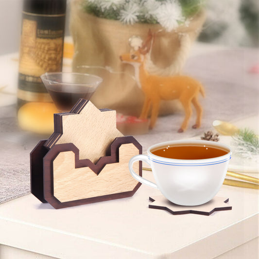 Handmade Wooden Coaster Set with Stand | Rustic Tabletop Drink Coasters