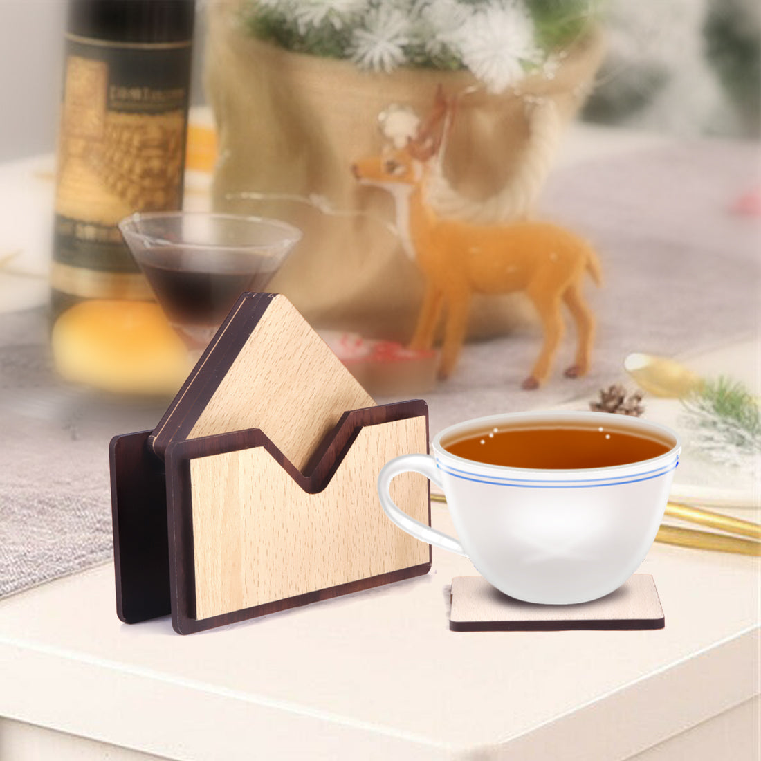 Handmade Wooden Coaster Set with Stand | Rustic Tabletop Drink Coasters