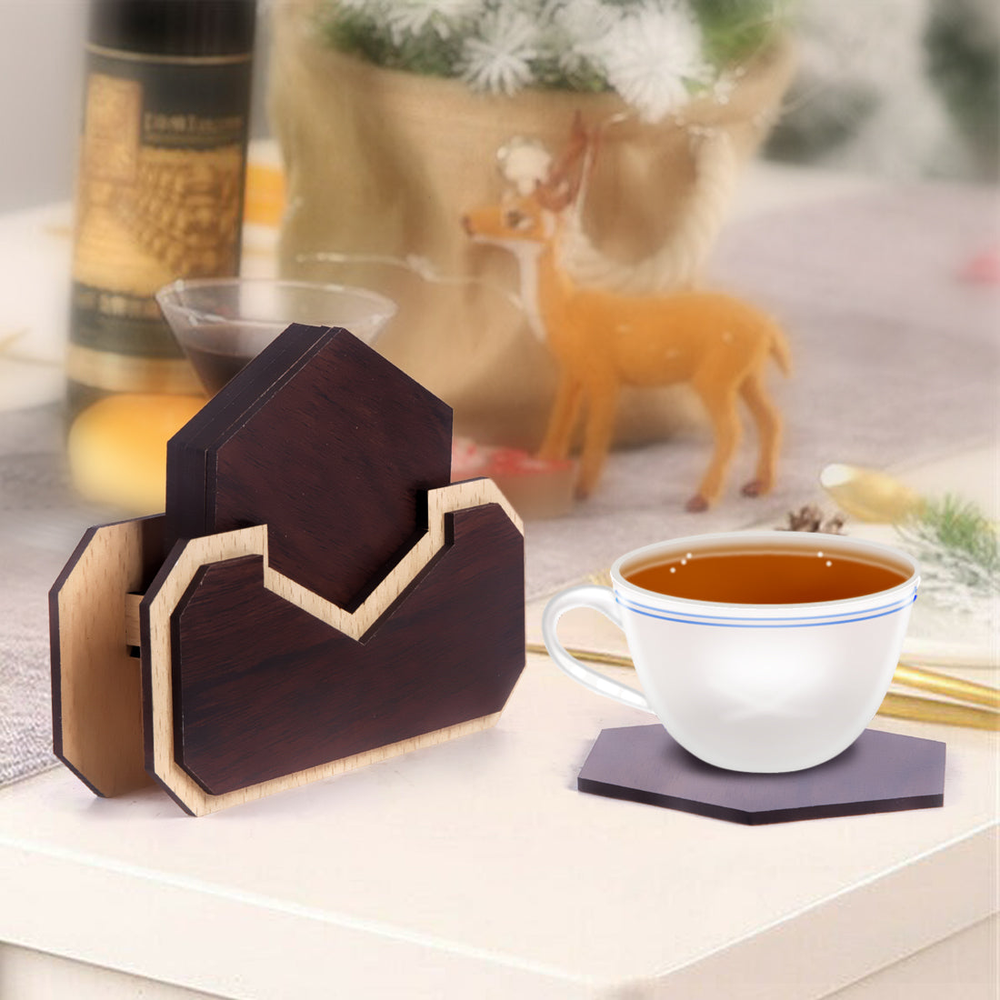 Handmade Wooden Coaster Set with Stand | Rustic Tabletop Drink Coasters