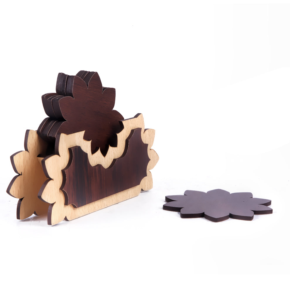 Handmade Wooden Coaster Set with Stand | Rustic Tabletop Drink Coasters