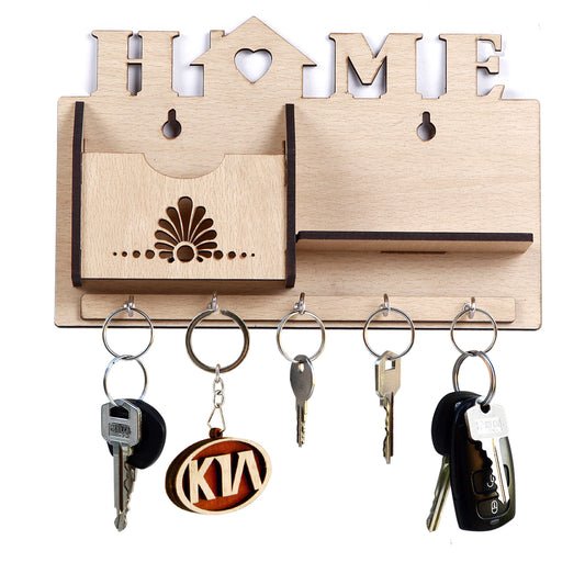Wooden Wall Key Holder with Mobile Stand – 5 Hook MDF Organizer for Home & Office