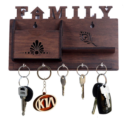 Wooden Wall Key Holder with Mobile Stand – 5 Hook MDF Organizer for Home & Office