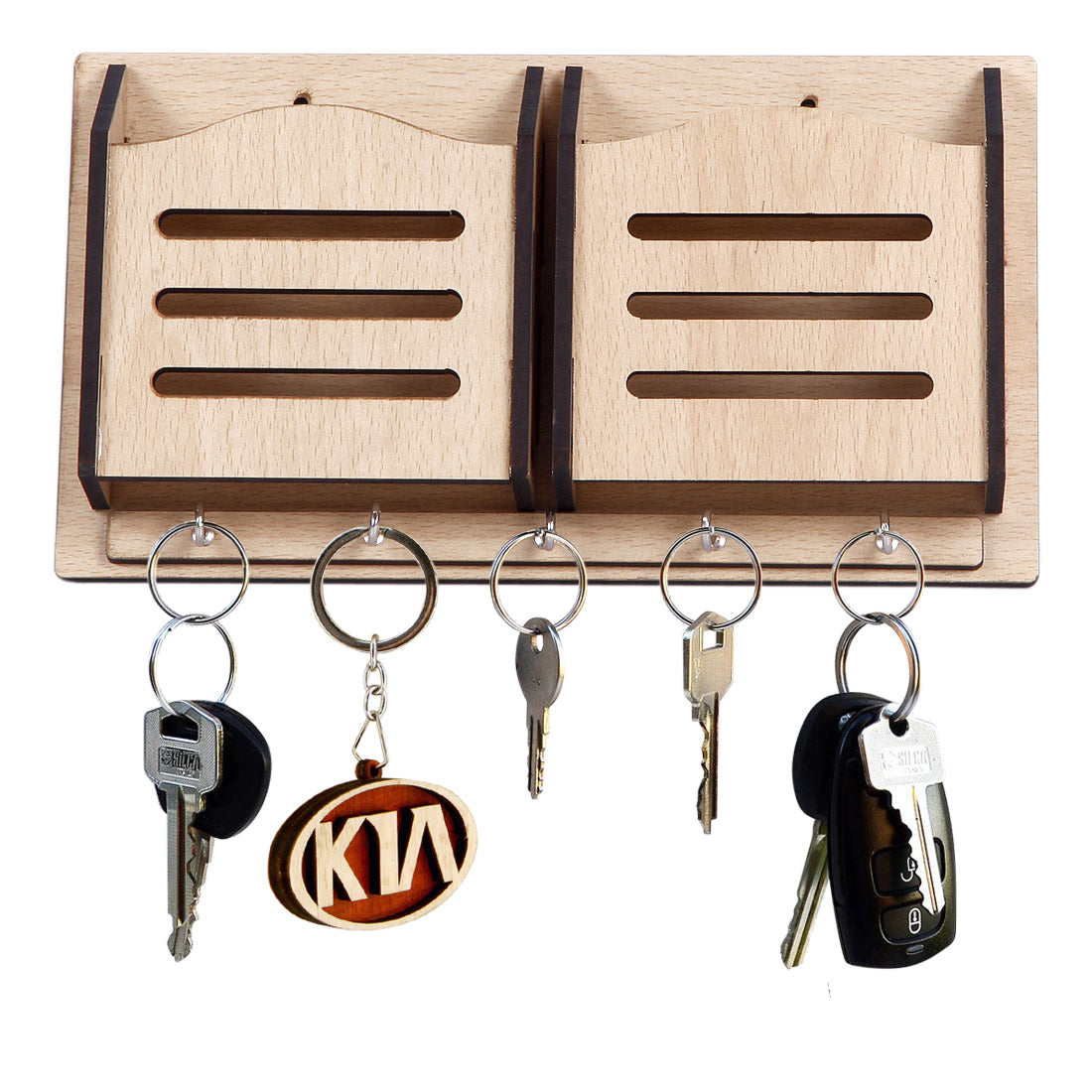 Wooden Wall Key Holder with Mobile Stand – 5 Hook MDF Organizer for Home & Office