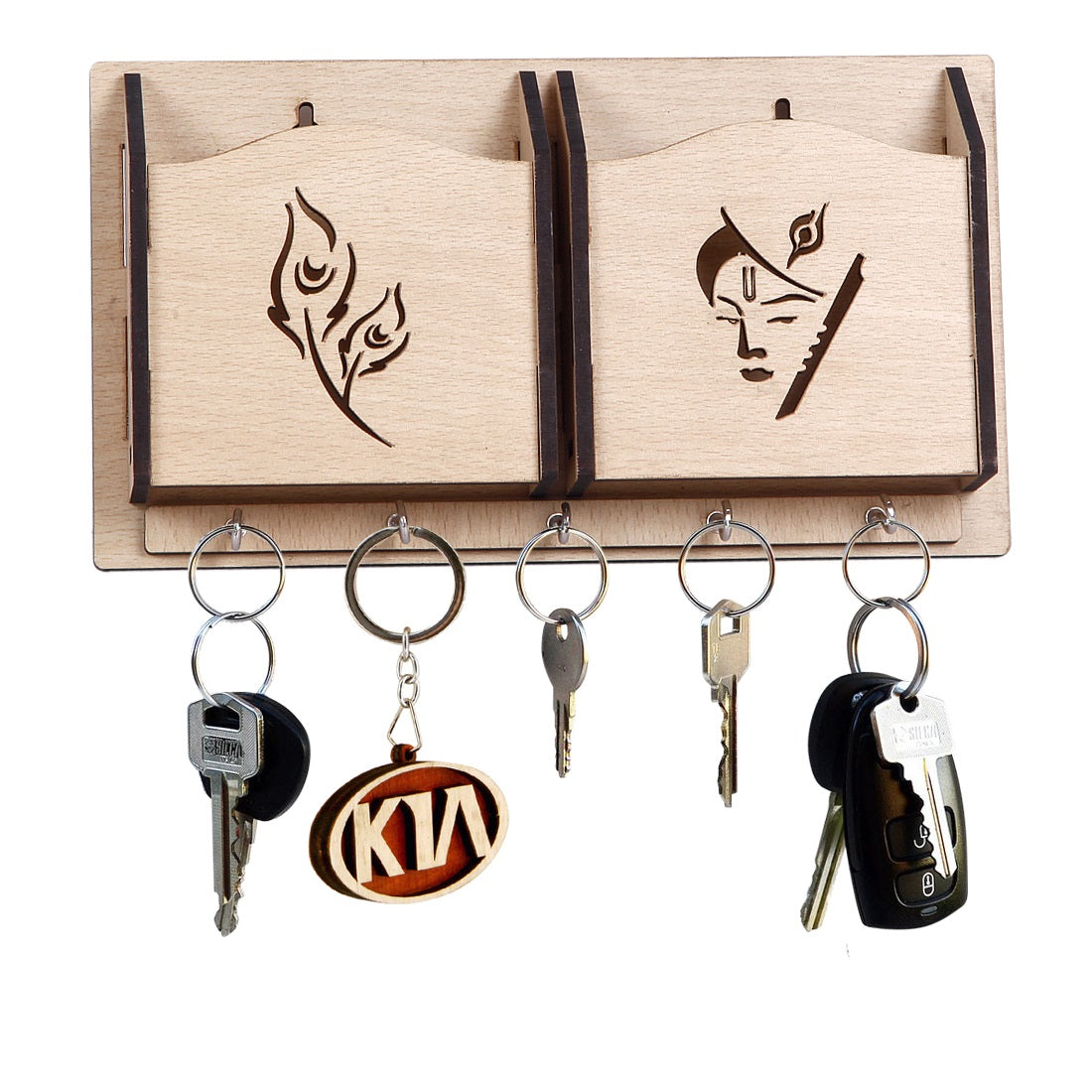 Wooden Wall Key Holder with Mobile Stand – 5 Hook MDF Organizer for Home & Office