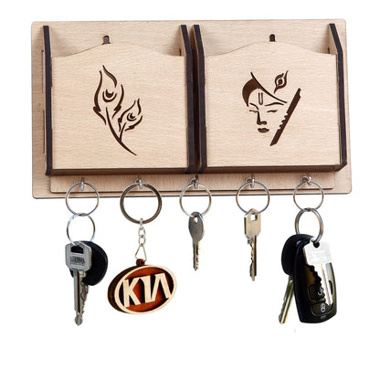 Wooden Wall Key Holder with Mobile Stand – 5 Hook MDF Organizer for Home & Office
