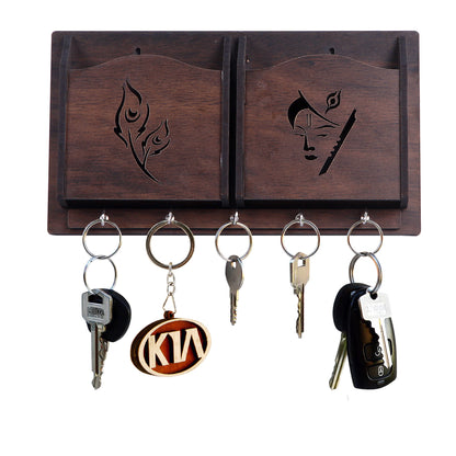 Wooden Wall Key Holder with Mobile Stand – 5 Hook MDF Organizer for Home & Office