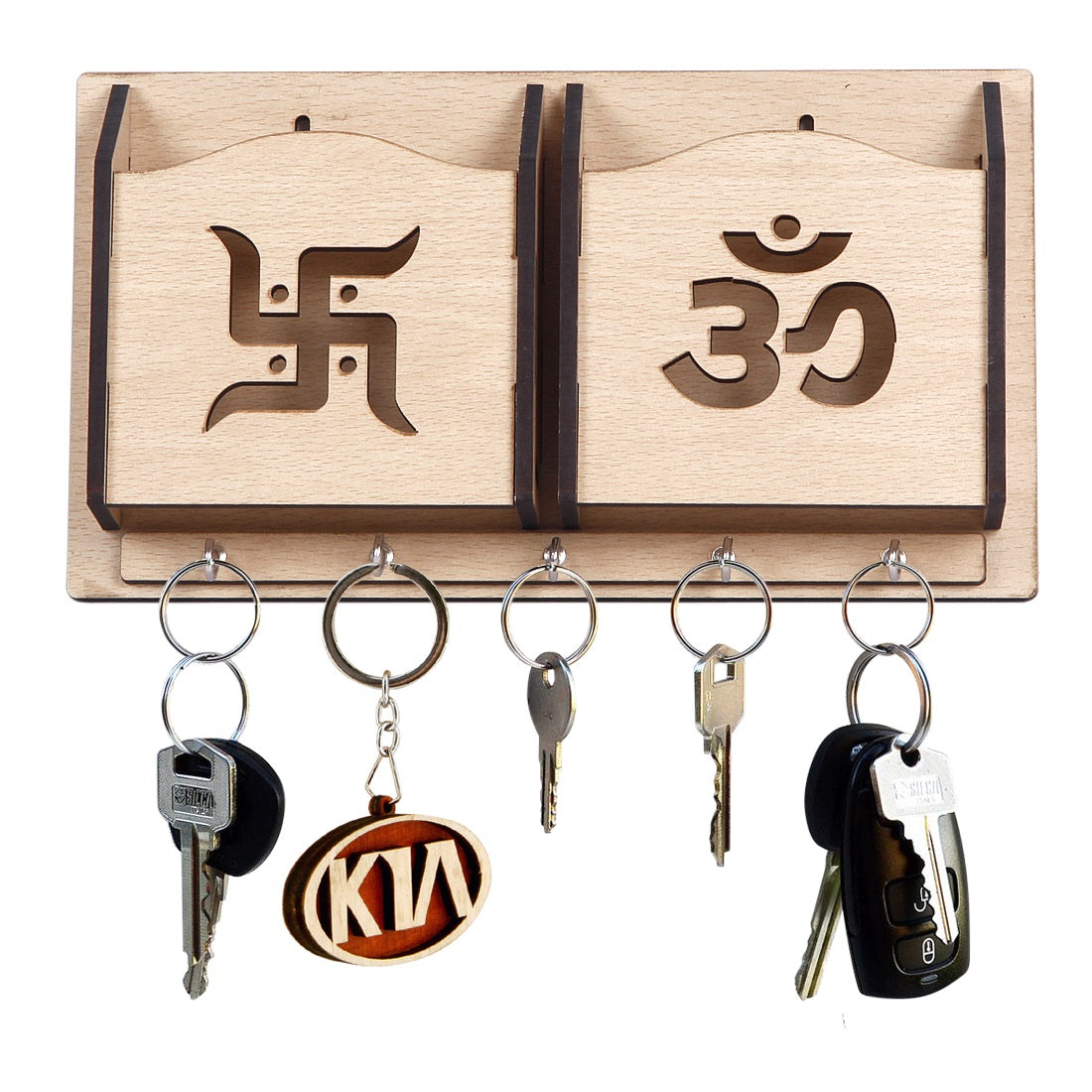 Wooden Wall Key Holder with Mobile Stand – 5 Hook MDF Organizer for Home & Office