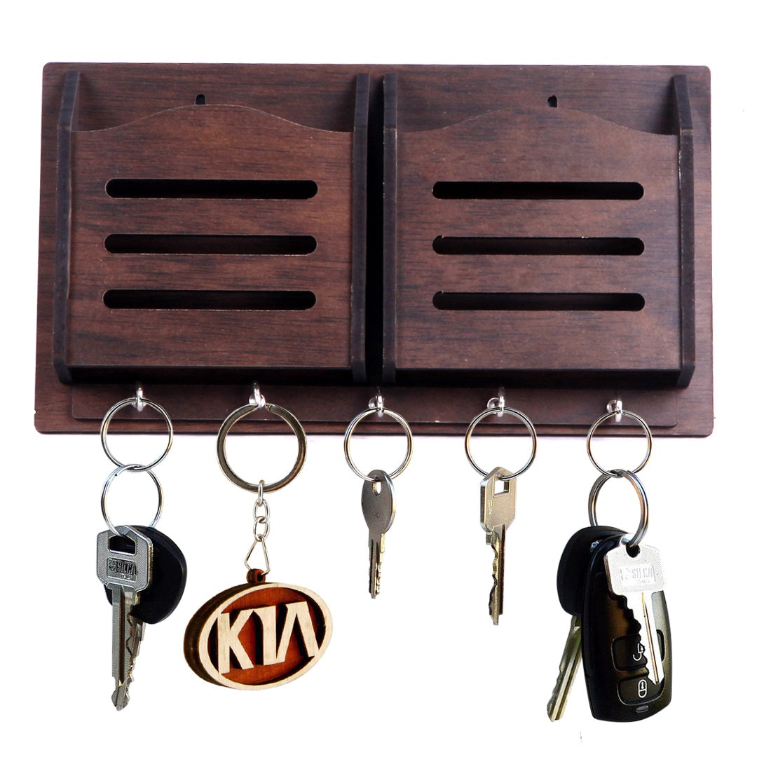 Wooden Wall Key Holder with Mobile Stand – 5 Hook MDF Organizer for Home & Office