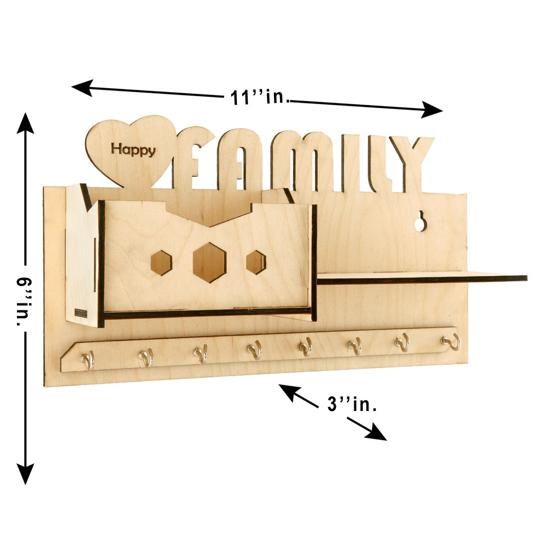 Wooden Wall Key Holder with Mobile Charging Stand & Shelf – Family Design