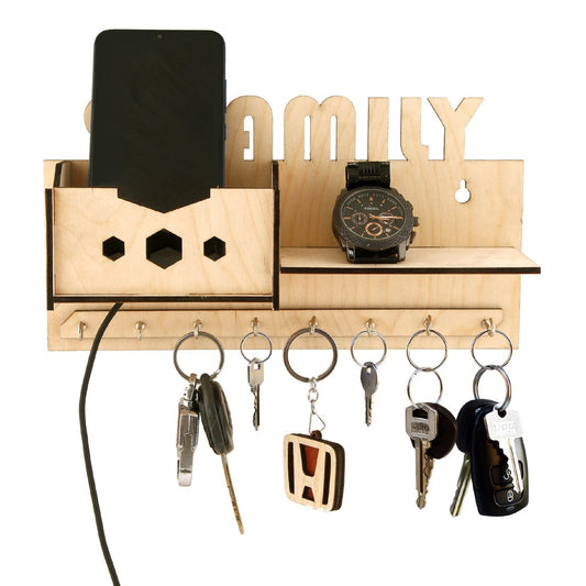 Wooden Wall Key Holder with Mobile Charging Stand & Shelf – Family Design