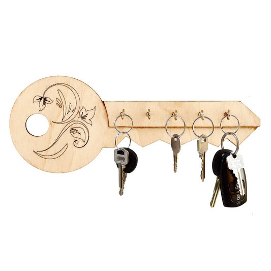 Wooden Key-Shaped Wall Key Holder – 5 Hook Organizer