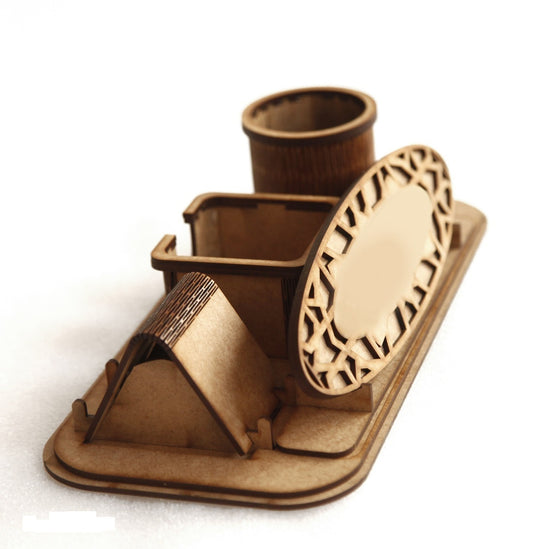 Multipurpose Wooden Desk Organizer with Pen Stand, Business Card Holder, and Mobile Holder