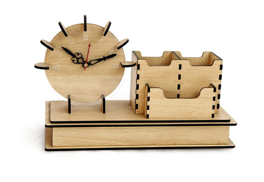 Wooden Desk Clock with Pen Holder