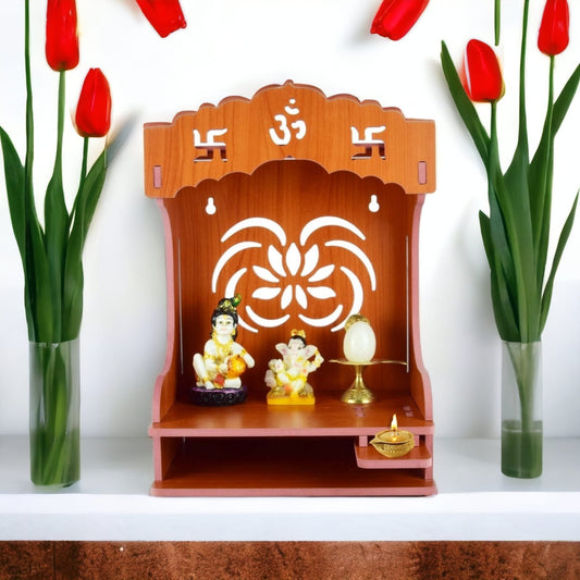 Wooden Wall-Mounted Pooja Mandir with Svastik Symbol – Spacious & Elegant Home Temple for Idols & Pooja Essentials