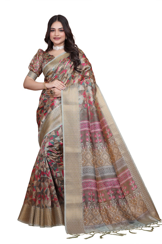 Golden Beige Soft Silk Saree with Geometric Weave & Pink Ornamental Pallu