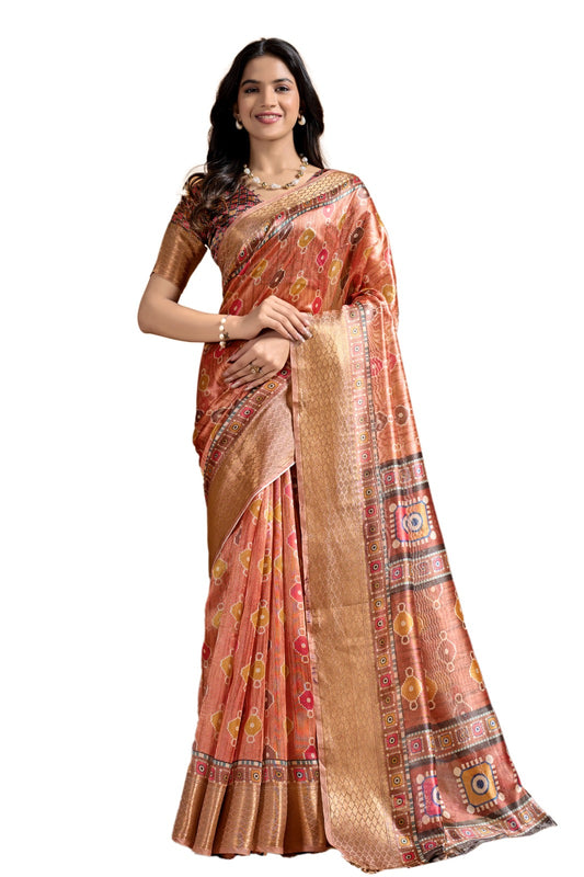Copper-Rose Soft Silk Saree with Geometric Patola-Inspired Pallu & Zari Border