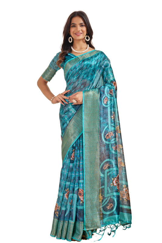 Teal Blue Soft Silk Saree with Floral Digital Pallu & Zari Border