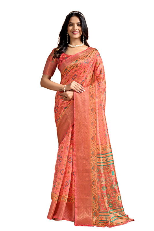 Peach Soft Silk Blend Saree with Traditional Patola-Style Design