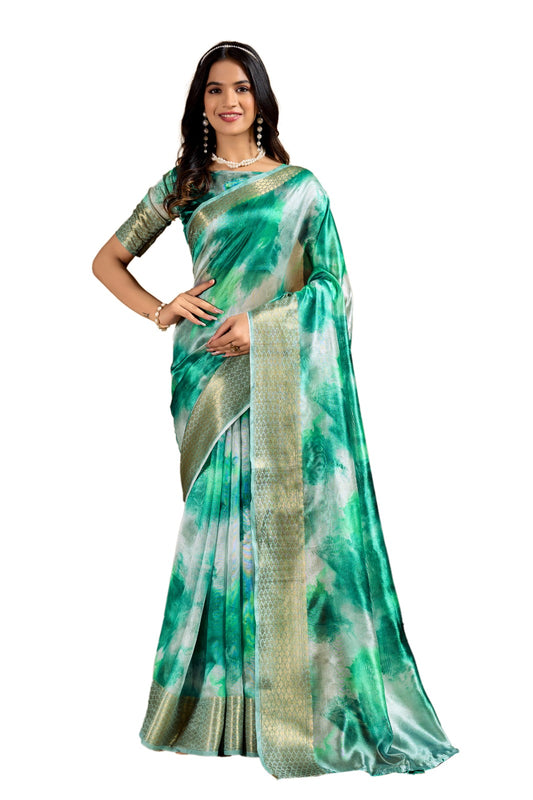 Elegant Green Soft Silk Blend Watercolor Print Saree