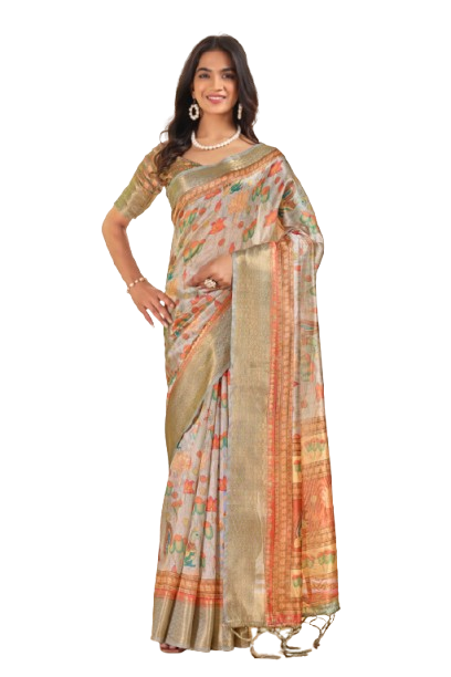 Royal Soft Silk Saree with Zari Border & Lotus Peacock Print